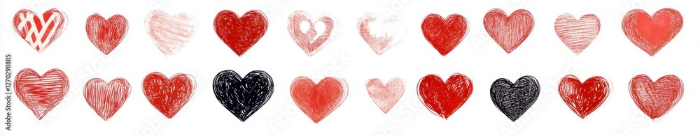 Colorful hand-drawn hearts in various styles and sizes showcasing love and affection for Valentine's Day and romantic themes in vibrant shades of red and black Colorful hand-drawn hearts in various styles and sizes showcasing love and affection for Valentine's Day and romantic themes in vibrant shades of red and black
