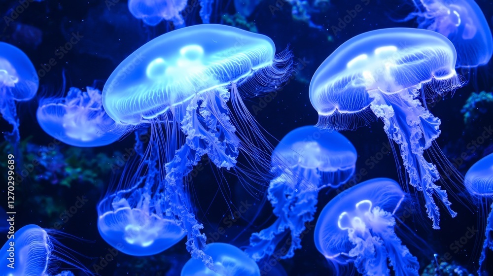 Glowing Jellyfish Floating in Deep Ocean Water at Night Glowing Jellyfish Floating in Deep Ocean Water at Night