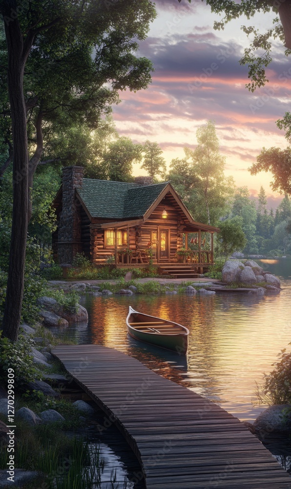 Fototapeta premium Lakeside cabin retreat with a wooden dock and canoe under the hues of a twilight sky