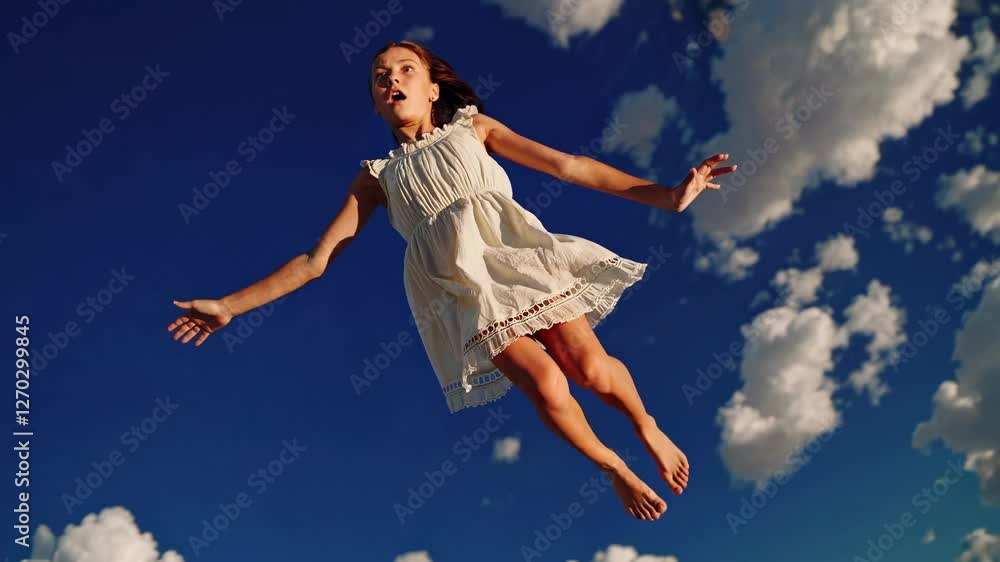 Aerial video shot of a surprised girl in a white dress floating in the sky, surrounded by clouds, creating a surreal, dreamlike atmosphere. Aerial video shot of a surprised girl in a white dress floating in the sky, surrounded by clouds, creating a surreal, dreamlike atmosphere.
