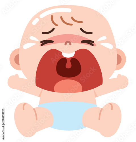 A cute yet emotional cartoon illustration of a crying baby wearing a light blue diaper