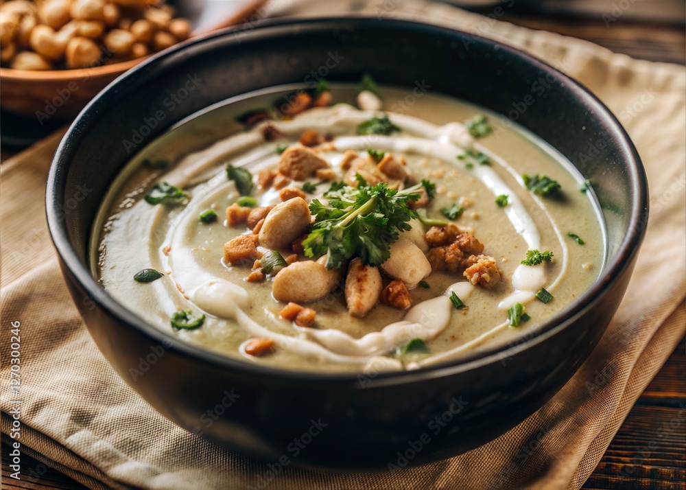 Delicious Creamy Soup with Nuts and Herbs ,Gourmet Bowl of Healthy Soup ,Comfort Food Photography Delicious Creamy Soup with Nuts and Herbs ,Gourmet Bowl of Healthy Soup ,Comfort Food Photography