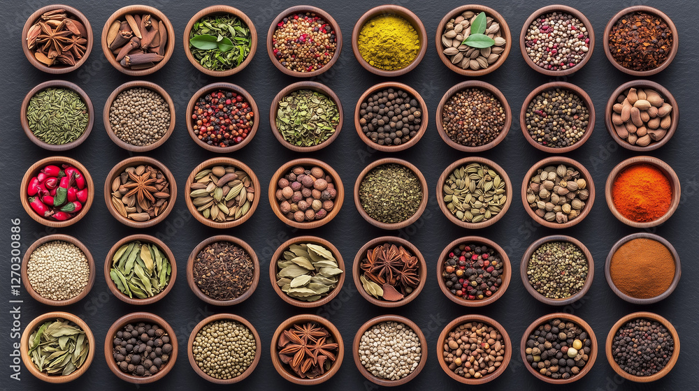 Rustic wooden bowls with colorful spices, culinary ingredients arrangement on dark background Rustic wooden bowls with colorful spices, culinary ingredients arrangement on dark background