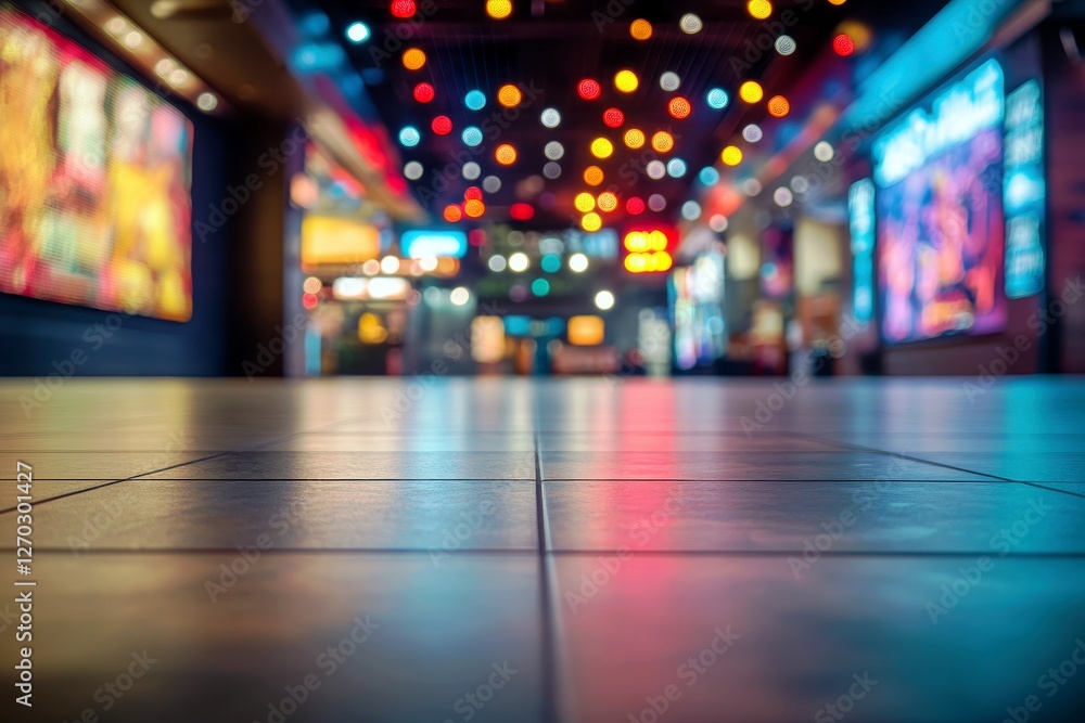 Vibrant Urban Space Featuring Colorful Lights and Modern Decor in a Contemporary Building with Reflections on the Floor Vibrant Urban Space Featuring Colorful Lights and Modern Decor in a Contemporary Building with Reflections on the Floor