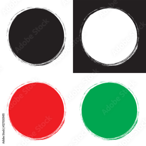 Round brush paint strokes . Vector grunge calligraphic circular smears. Grungy black, white ,red, green Chinese ink dot .Paintbrush line border frames. Japanese ENSO symbols. Vector illustration. 