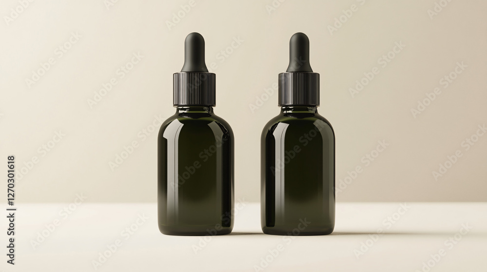 two dark glass dropper bottles with black caps placed on a neutral background in a minimalist product photography style with soft lighting
two dark glass dropper bottles with black caps placed on a neutral background in a minimalist product photography style with soft lighting