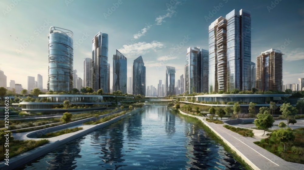 A futuristic cityscape where innovative water conservation technologies are in use, showcasing how urban areas can thrive sustainably with water management A futuristic cityscape where innovative water conservation technologies are in use, showcasing how urban areas can thrive sustainably with water management