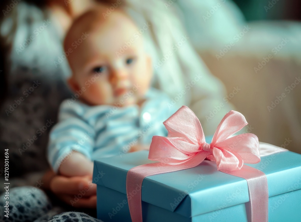 Soft focus image of a baby sitting on a lap with a light blue gift box adorned with a pink ribbon in the foreground, capturing moments of love and joy Soft focus image of a baby sitting on a lap with a light blue gift box adorned with a pink ribbon in the foreground, capturing moments of love and joy
