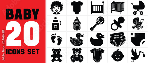 Baby Icon Set,Cute Black Silhouette Vector Pack for Baby Care, Toys, and Accessories,baby silhouette icons Set