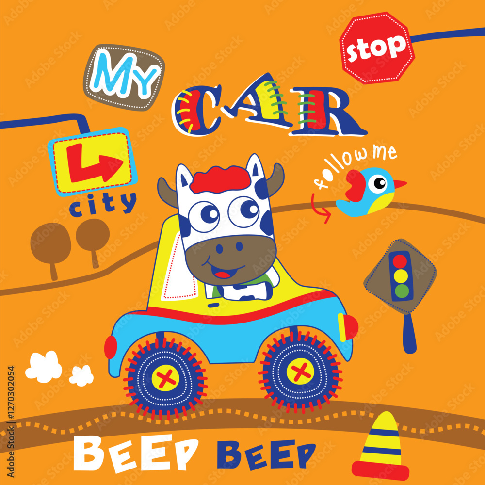 Playful cartoon cow driving a colorful car on a road to the city with traffic signs and a bird companion. Children's transportation adventure concept
Playful cartoon cow driving a colorful car on a road to the city with traffic signs and a bird companion. Children's transportation adventure concept