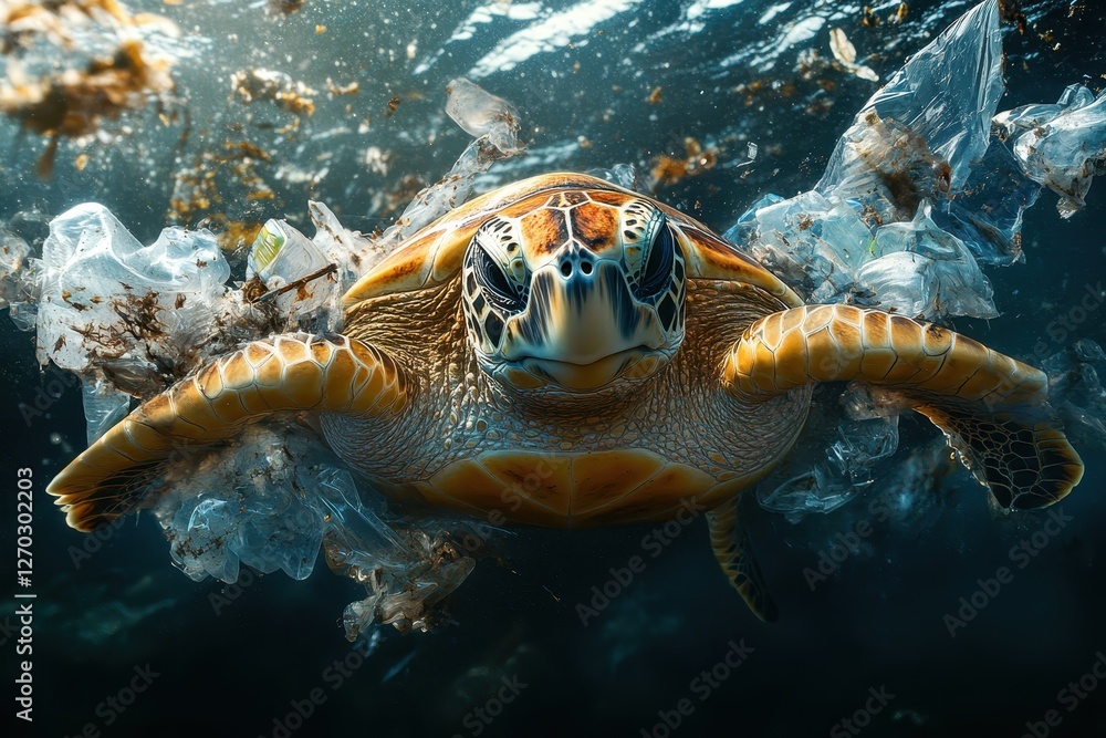 Obraz premium Sea turtle swimming in plastic waste bag in ocean showing environmental impact on marine life