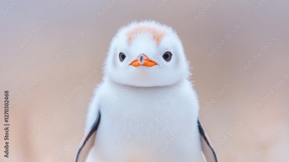Fototapeta premium Fluffy baby penguin chick looks directly at the camera in a soft natural outdoor environment during daytime.