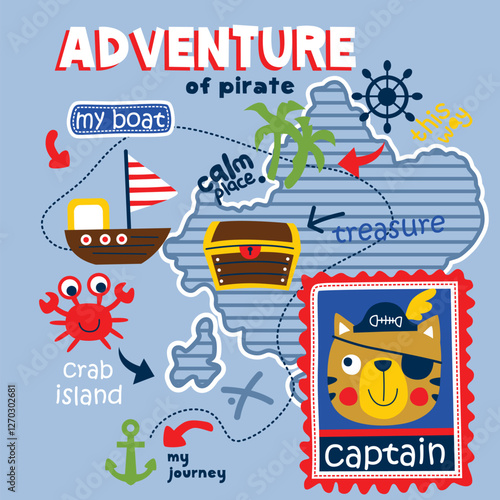 Playful cartoon pirate cat captain on a treasure hunt with a boat, island map, and treasure chest. Children's adventure concept

