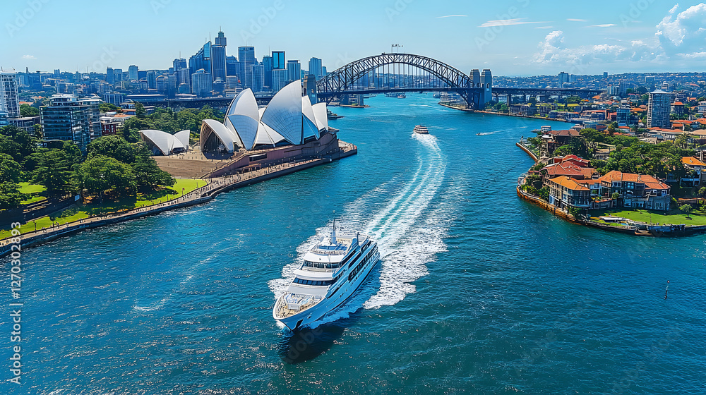 Fototapeta premium A large cruise ship is sailing through the water near a city
