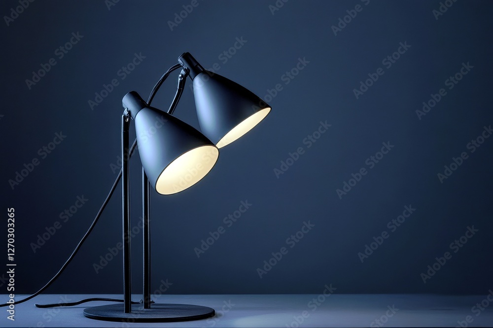 Modern Black Table Lamp with Dual Shades Illuminating a Dark Wall in a Minimalist Workspace Setting for Contemporary Interior Design Inspiration Modern Black Table Lamp with Dual Shades Illuminating a Dark Wall in a Minimalist Workspace Setting for Contemporary Interior Design Inspiration