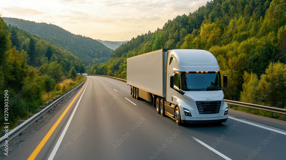 Self driving truck on highway surrounded by mountains and trees Self driving truck on highway surrounded by mountains and trees