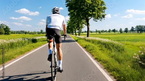 A person riding a bicycle along beautiful contryside view.