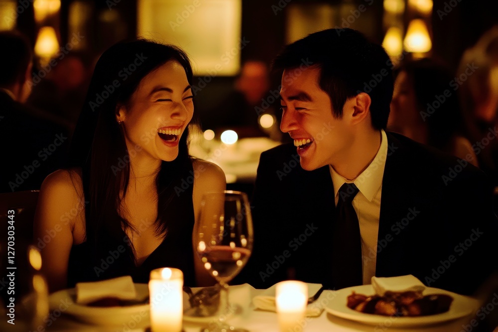 Joyful couple sharing laughter during intimate dinner in upscale restaurant with candles and soft lighting creating romantic ambiance Joyful couple sharing laughter during intimate dinner in upscale restaurant with candles and soft lighting creating romantic ambiance