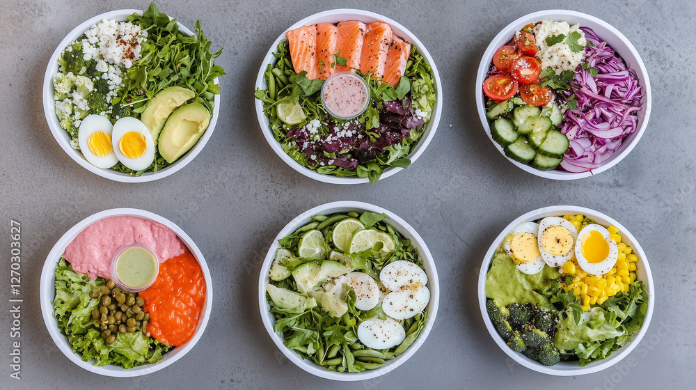 Six fresh salad bowls with varied ingredients in contemporary food photography style on grey countertop Six fresh salad bowls with varied ingredients in contemporary food photography style on grey countertop