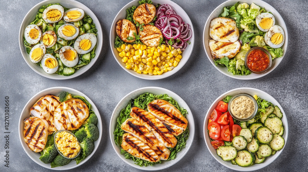 Six plates with grilled chicken, eggs and fresh vegetables in modern food photography style on grey surface Six plates with grilled chicken, eggs and fresh vegetables in modern food photography style on grey surface