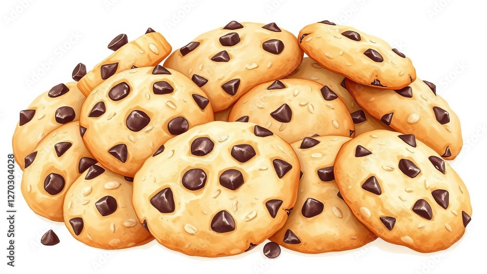 Hand drawn watercolor painting of a variety of cookies including chocolate chip, sugar, and oatmeal raisin, oatmeal raisin, bakery, chocolate chip Hand drawn watercolor painting of a variety of cookies including chocolate chip, sugar, and oatmeal raisin, oatmeal raisin, bakery, chocolate chip