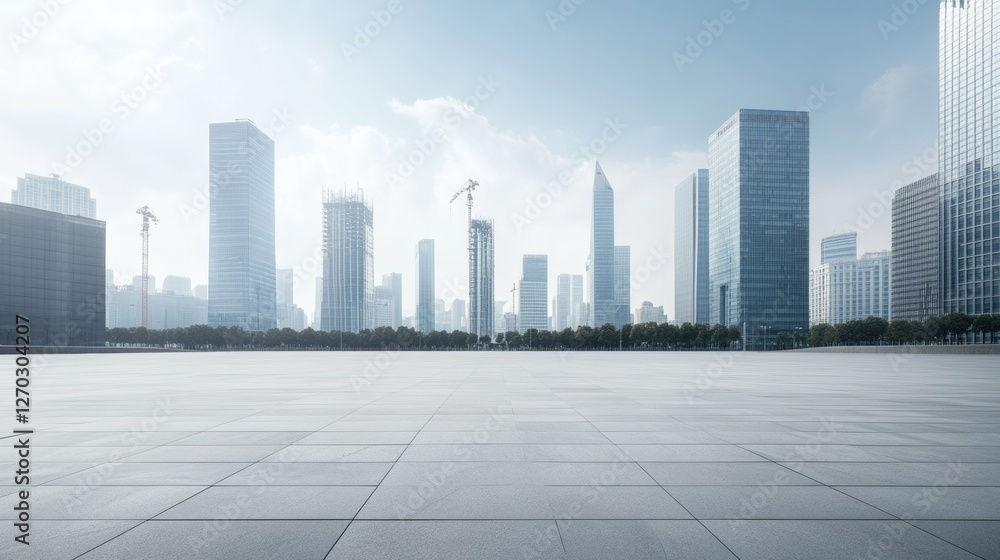A large plaza with distant skyscrapers. Featuring serenity and growth A large plaza with distant skyscrapers. Featuring serenity and growth