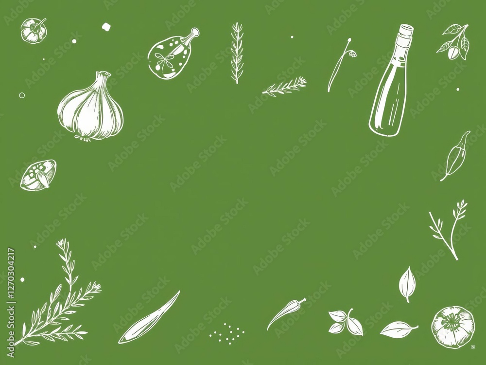Hand-drawn icons of various culinary seasonings and herbs including basil, rosemary, garlic, salt, pepper, and oregano, garlic, salt, icons Hand-drawn icons of various culinary seasonings and herbs including basil, rosemary, garlic, salt, pepper, and oregano, garlic, salt, icons