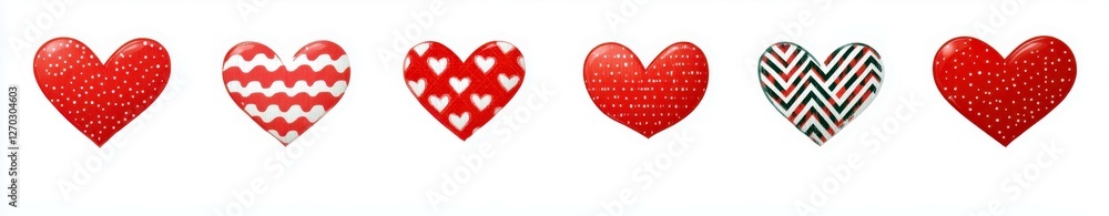 Fototapeta premium Decorative Hearts Collection with Various Patterns in Red, White, and Green for Celebrations, Holidays, and Romantic Themes