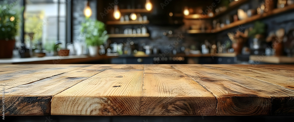 Rustic Wooden Table Top With Blurred Cafe Interior Rustic Wooden Table Top With Blurred Cafe Interior