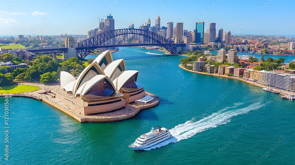 Fototapeta premium A large cruise ship is sailing through the water near a city