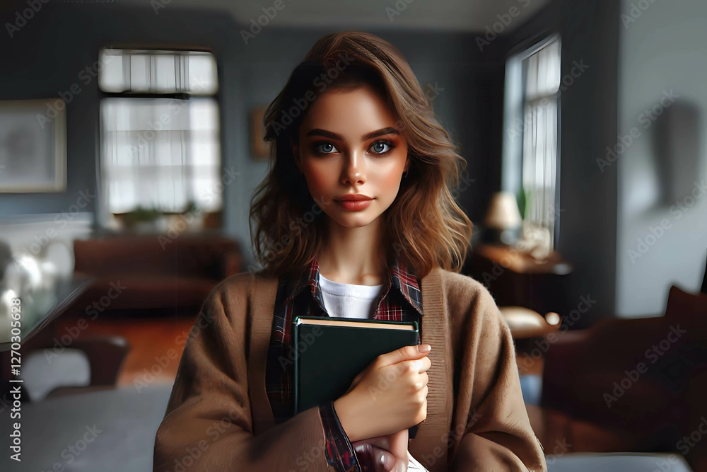 Young woman holding a book in a cozy living room, wearing a casual outfit with a warm cardigan, looking thoughtful and serene.. Young woman holding a book in a cozy living room, wearing a casual outfit with a warm cardigan, looking thoughtful and serene..