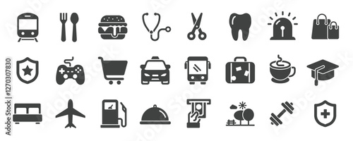 Public navigation glyph solid icons collection. Containing transportation, place, sign. Minimal icon and symbol series vector illustration