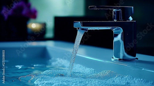 Modern chrome faucet running water into a basin.