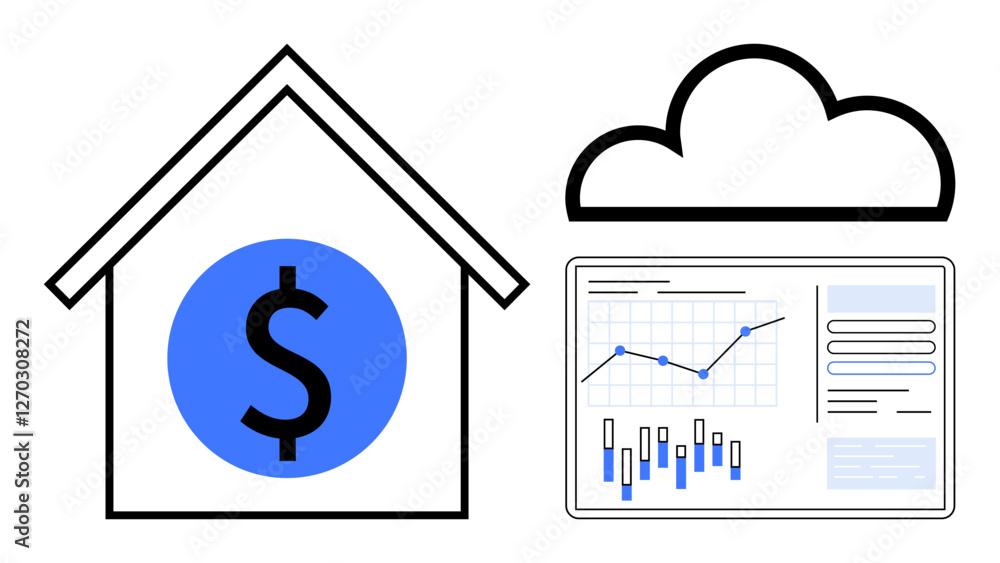 House with blue dollar sign, cloud symbol, and data chart depicting financial trends and analysis. Ideal for financial planning, real estate, cloud computing, data analysis, investment strategy House with blue dollar sign, cloud symbol, and data chart depicting financial trends and analysis. Ideal for financial planning, real estate, cloud computing, data analysis, investment strategy