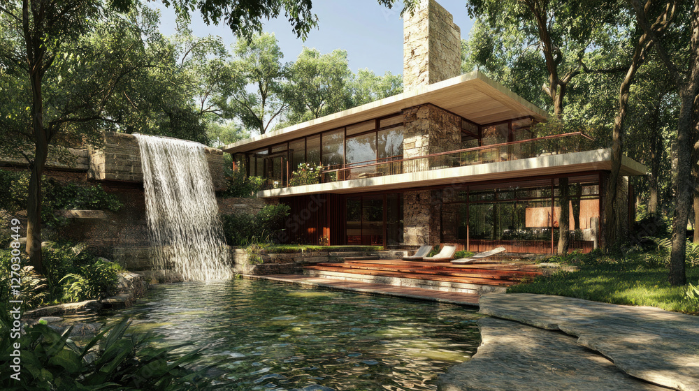 Fototapeta premium Scarpa modern villa architecture design by river waterfall