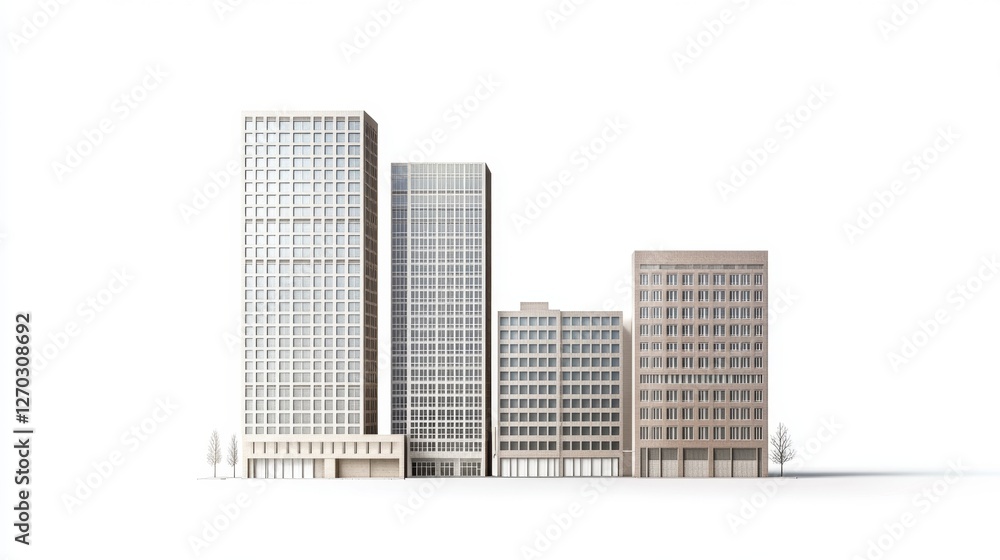 Fototapeta premium Isolated Office Building Skyline in White Background