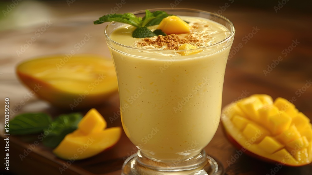 Refreshing Mango Smoothie Garnished with Mint and Fresh Fruit Refreshing Mango Smoothie Garnished with Mint and Fresh Fruit