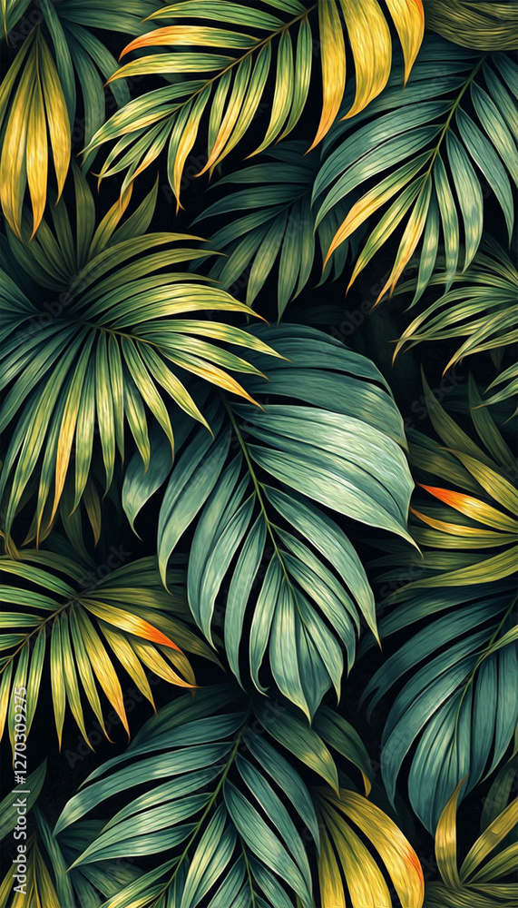 Palm leaves. Oil painting. Pattern for printing on wall decorations, covers, leaflets, business cards Palm leaves. Oil painting. Pattern for printing on wall decorations, covers, leaflets, business cards