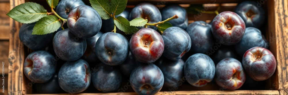 Obraz premium A beautiful image of a cluster of ripe blue plums arranged artfully in a wooden crate, , crates