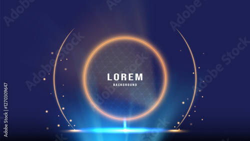 Abstract golden ring circles with spotlight effect on blue stage background, perfect for celebrations awards, festive, shows and exhibitions.