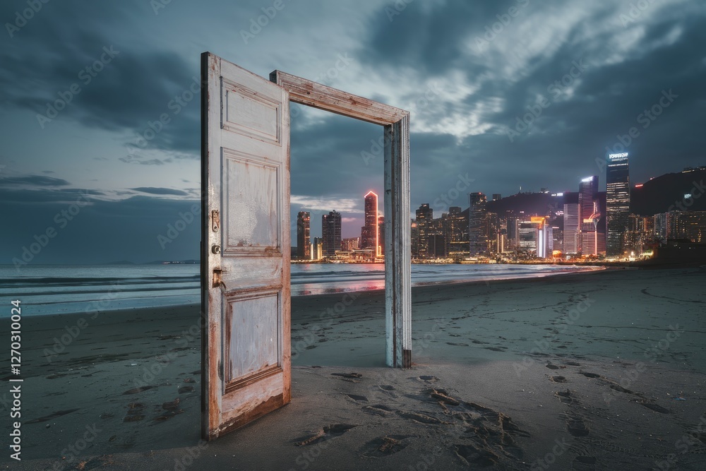 Surreal beach scene with open, weathered door framing city skyline at dusk, dramatic sky, footprints on sand, concept image, dark teal & orange hues Surreal beach scene with open, weathered door framing city skyline at dusk, dramatic sky, footprints on sand, concept image, dark teal & orange hues