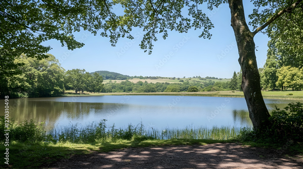 Serene Lake Surrounded by Lush Green Trees in a Sunny Landscape Serene Lake Surrounded by Lush Green Trees in a Sunny Landscape