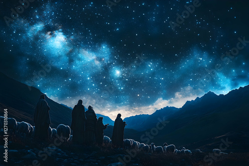 Shepherds watching flocks under a starry sky in a divine apparition