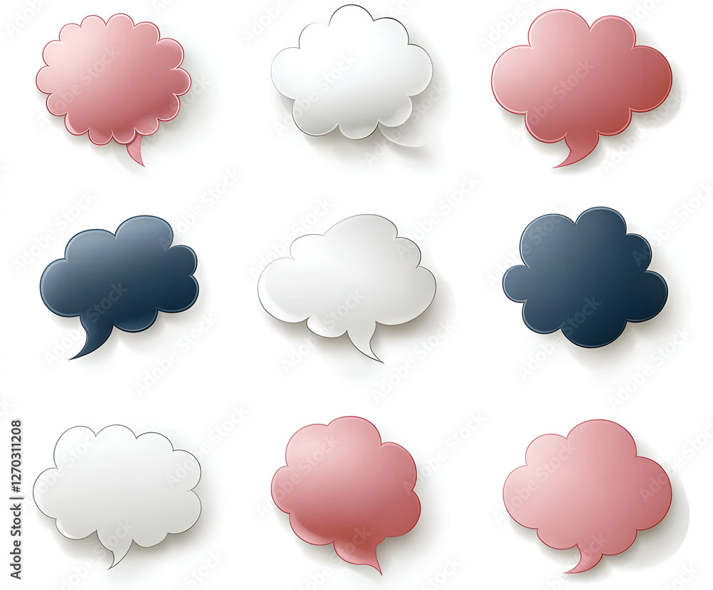 Cloud Bubbles Array: A collection of colorful cloud-shaped speech bubbles float, creating an aesthetically pleasing and versatile visual element.