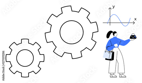 Woman holding a laptop stands beside two large gears and a graph with x and y axes. Ideal for engineering, data analysis, problem-solving, machinery, innovation, teamwork, business strategy. Abstract