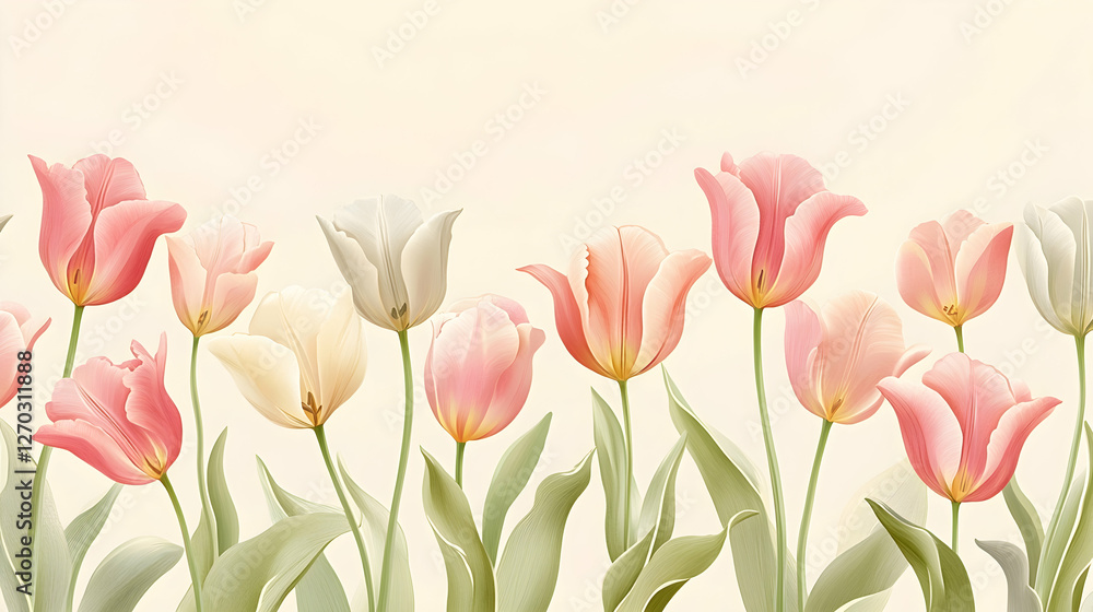 Fototapeta premium Beautiful Floral Pattern with Soft Pink and White Tulips Design
