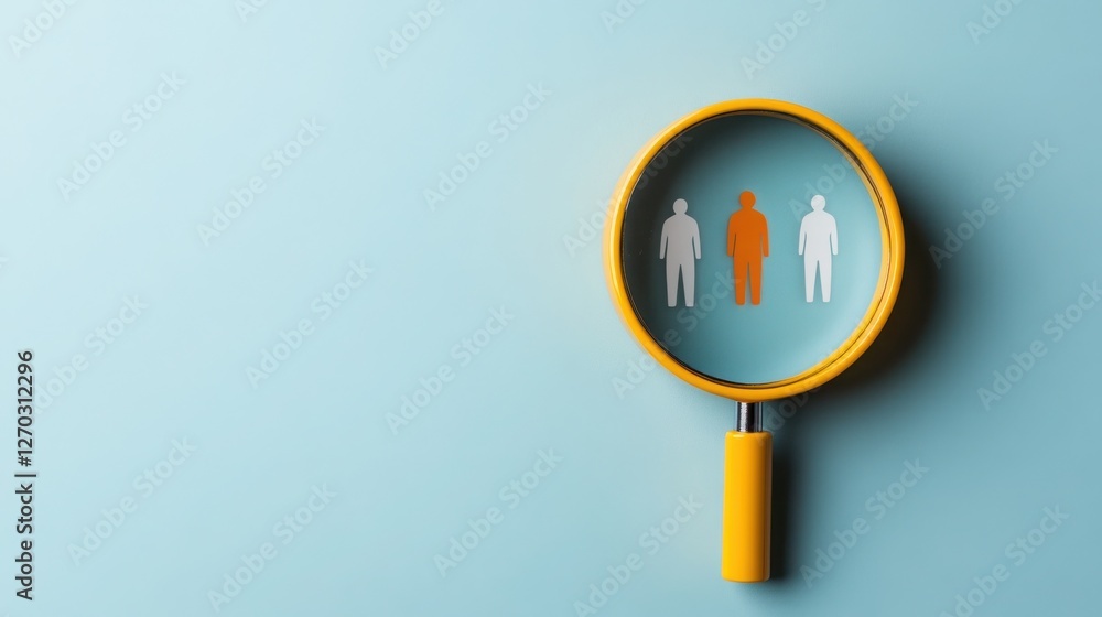 Modern Search Concept: A sleek, 3D-rendered yellow magnifying glass hovers above a grid of white human icons on a deep blue gradient background. Modern Search Concept: A sleek, 3D-rendered yellow magnifying glass hovers above a grid of white human icons on a deep blue gradient background.