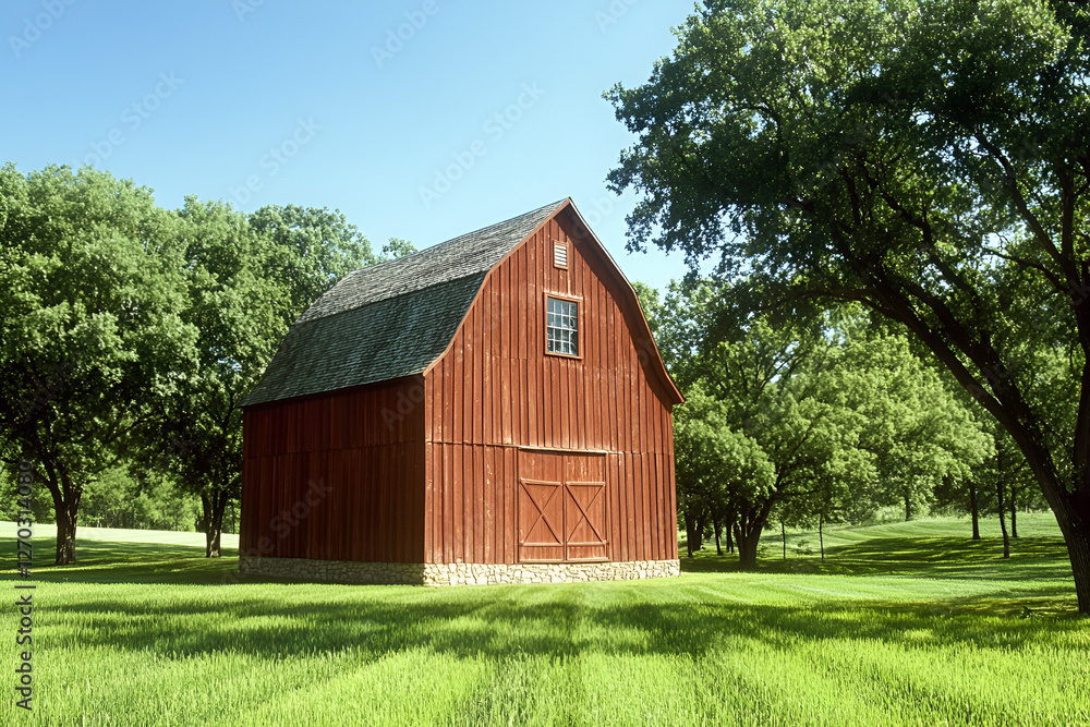Rustic Red Barn in a Green Meadow: A classic red barn stands proudly amidst a vibrant green meadow under a clear blue sky, with lush trees adding a touch of serenity to the rural scene. Rustic Red Barn in a Green Meadow: A classic red barn stands proudly amidst a vibrant green meadow under a clear blue sky, with lush trees adding a touch of serenity to the rural scene.