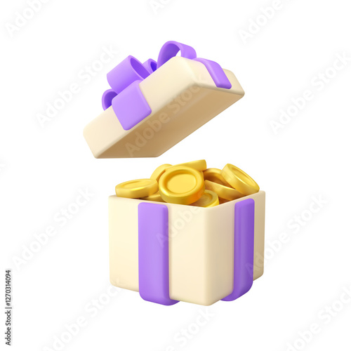 Vector 3d gift box with golden coins. Cartoon present icon with gold money, reward idea. Bonus money prize illustration, isolated on white background