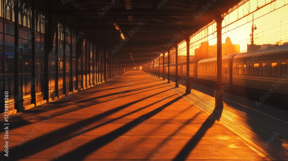 Sunset at Train Station Platform Creating Long Shadows and Warm Glow